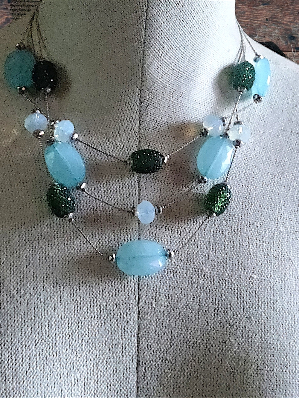 Elegant Multi-Strand Aqua and Forest Green Statement Necklace